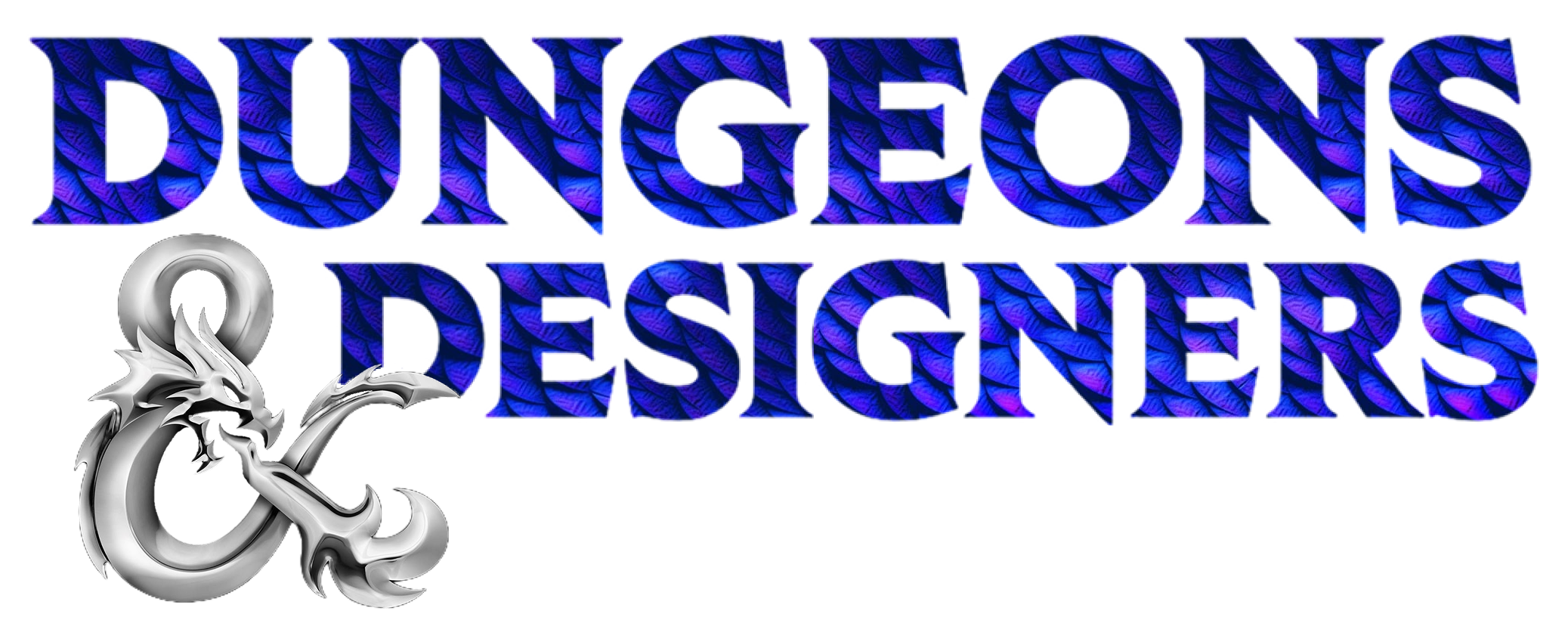 El isologo principal de Dungeons and Designers presenta el nombre con las palabras «Dungeons» y «Designers» en letras formadas por escamas de un dragón azul. La letra ampersand (&) está diseñada con la forma de un dragón en un estilo esmaltado plateado.